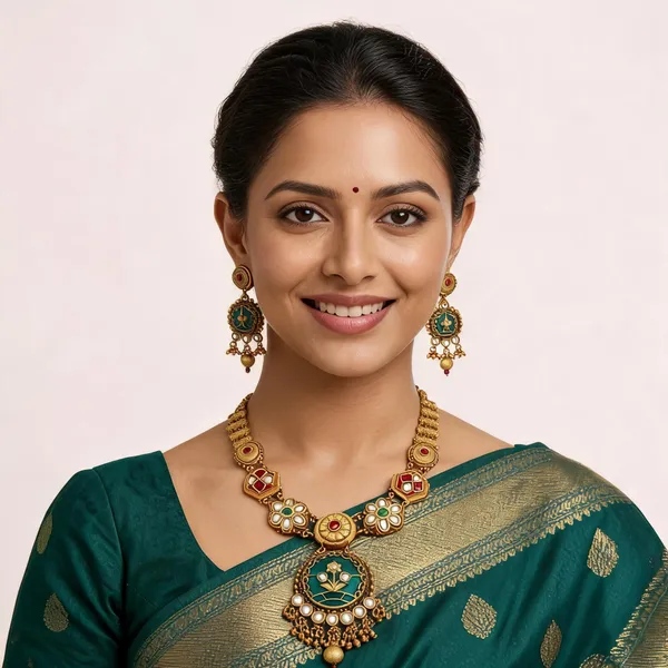 Green_Gold_Plated_Enamel_Floral_Motif_Jewellery_Set_For_Women