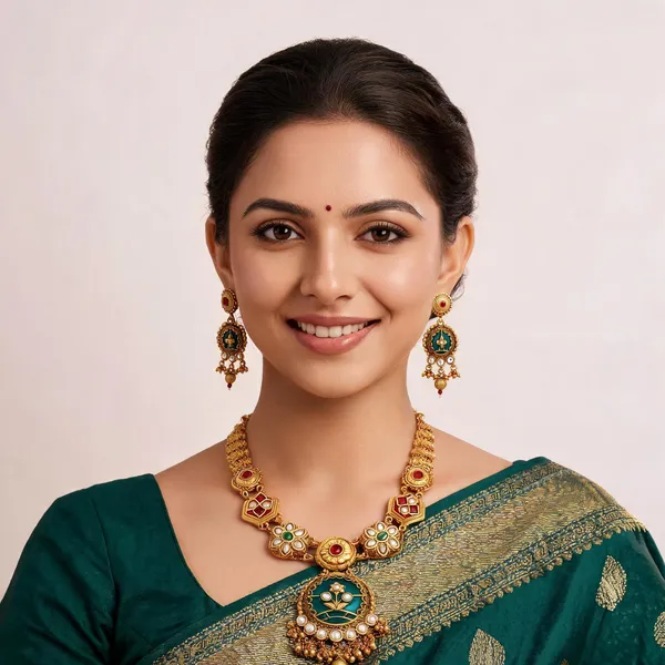 Green_Gold_Plated_Enamel_Floral_Motif_Jewellery_Set_For_Women
