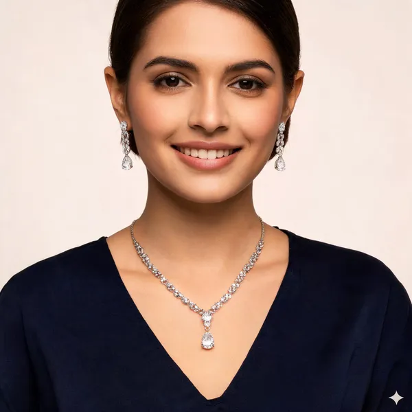 White_Silver_Plated_Cz_Pear_Pendant_Jewellery_Set_For_Women