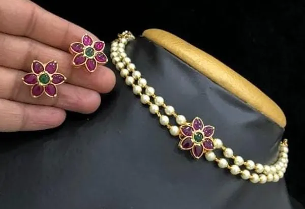 Multicolour_Pearl_Beaded_Floral_Necklace_And_Earrings_Set_For_Women