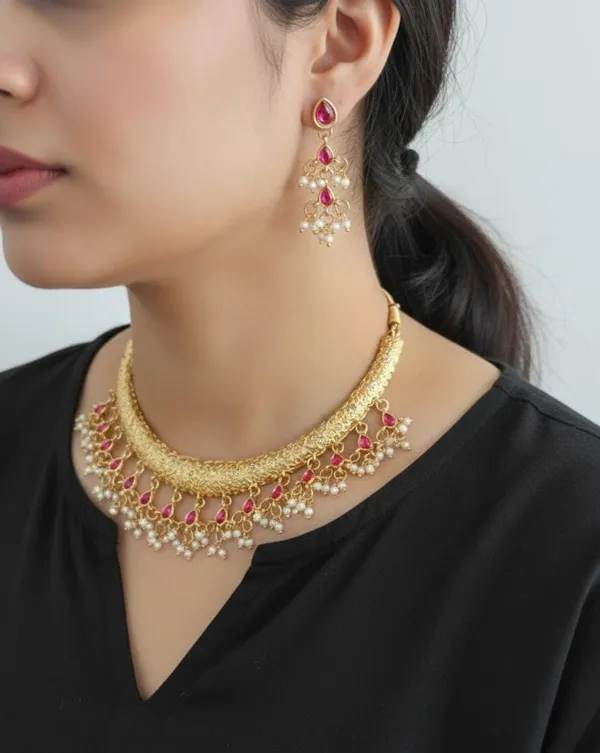 Gold_Tone_Pink_Stone_Necklace_Set_For_Women