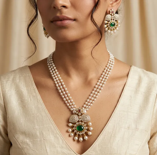 Gold_Tone_Pearl_Necklace_And_Earrings_Set_For_Women