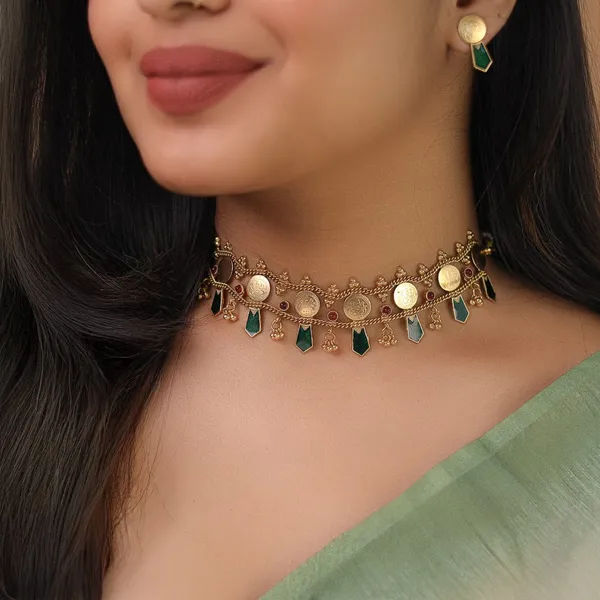 Gold_Tone_Coin_Charm_Choker_Necklace_Set_For_Women
