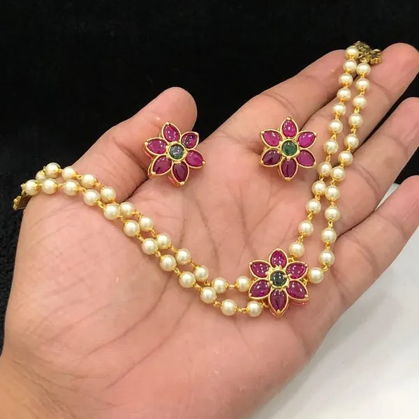 Multicolour_Pearl_Beaded_Floral_Necklace_And_Earrings_Set_For_Women