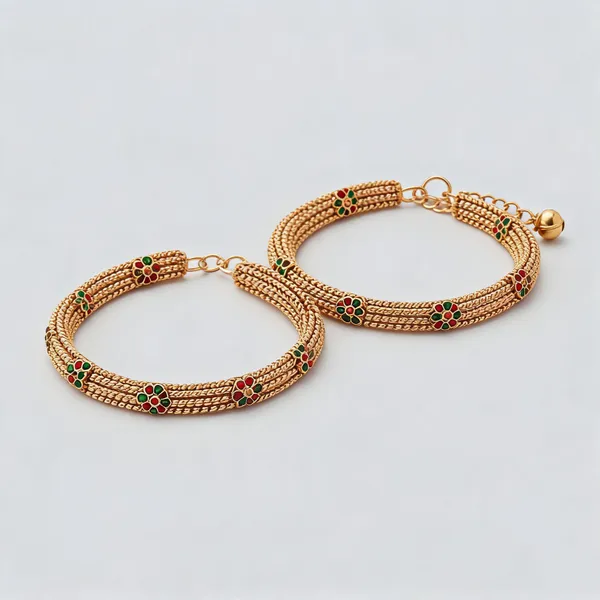 Gold-Tone_Red_Green_Stone_Anklet_Pair_For_Women