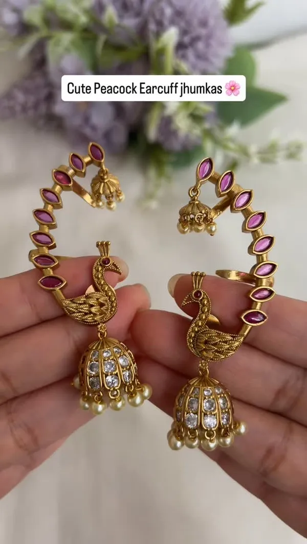 Gold_Tone_Purple_Stone_Peacock_Ear_Cuff_Jhumka_Earrings