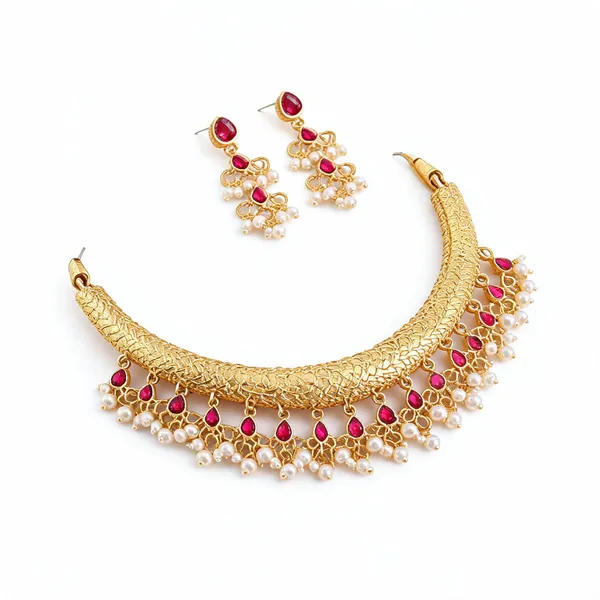 Gold_Tone_Pink_Stone_Necklace_Set_For_Women