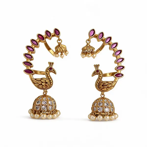 Gold_Tone_Purple_Stone_Peacock_Ear_Cuff_Jhumka_Earrings