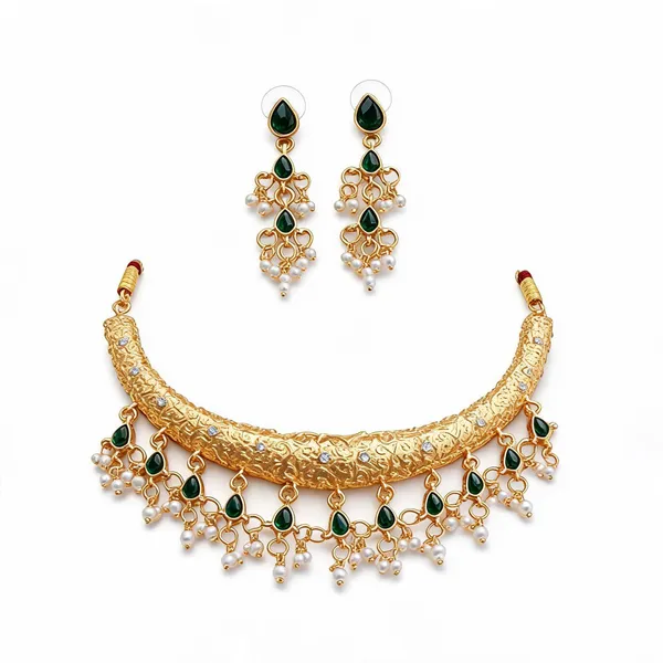 Gold_Tone_Green_Stone_Necklace_And_Earrings_Set_For_Women