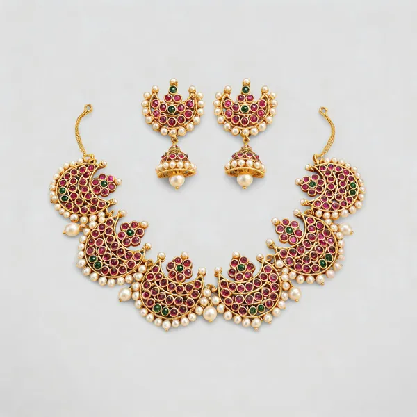 Gold_Tone_Pink_Green_Stone_Necklace_Set_With_Earrings