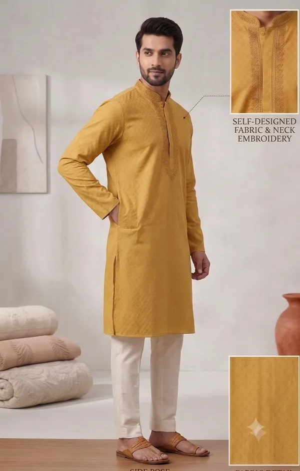 Dark_Yellow_Roochid_Cotton_Gents_Kurta_For_Men