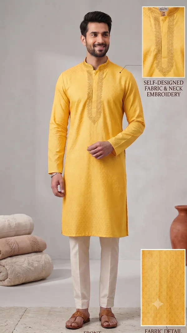 Yellow_Roochid_Cotton_Gents_Kurta_For_Men