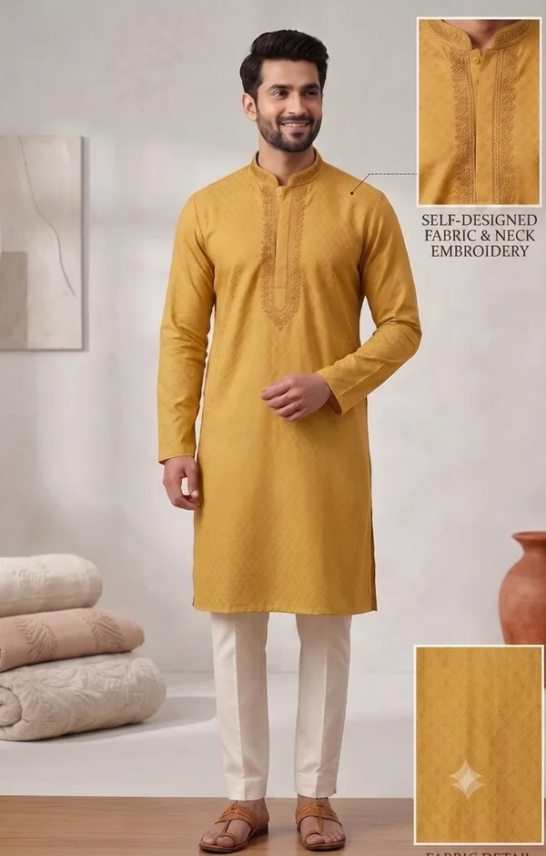 Dark_Yellow_Roochid_Cotton_Gents_Kurta_For_Men