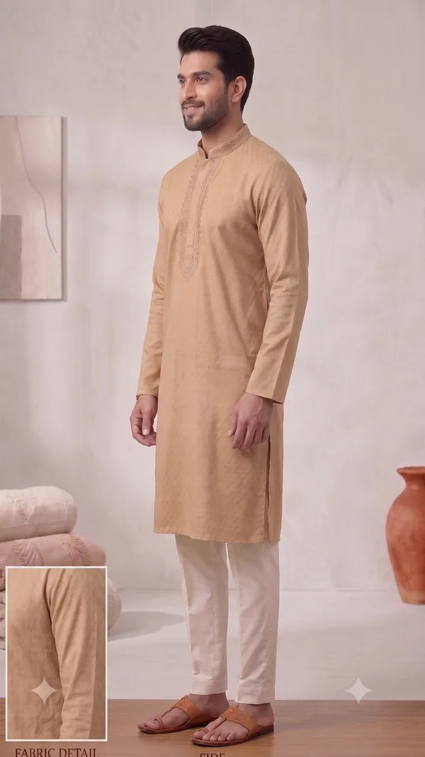 Biege_Roochid_Cotton_Gents_Kurta_Pyjama_For_Men
