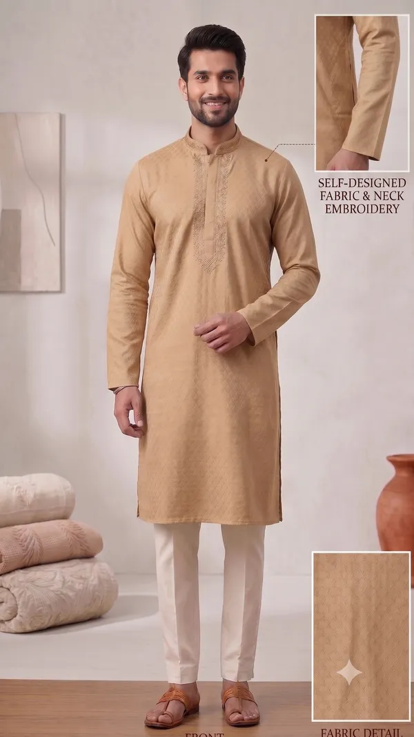 Biege_Roochid_Cotton_Gents_Kurta_Pyjama_For_Men