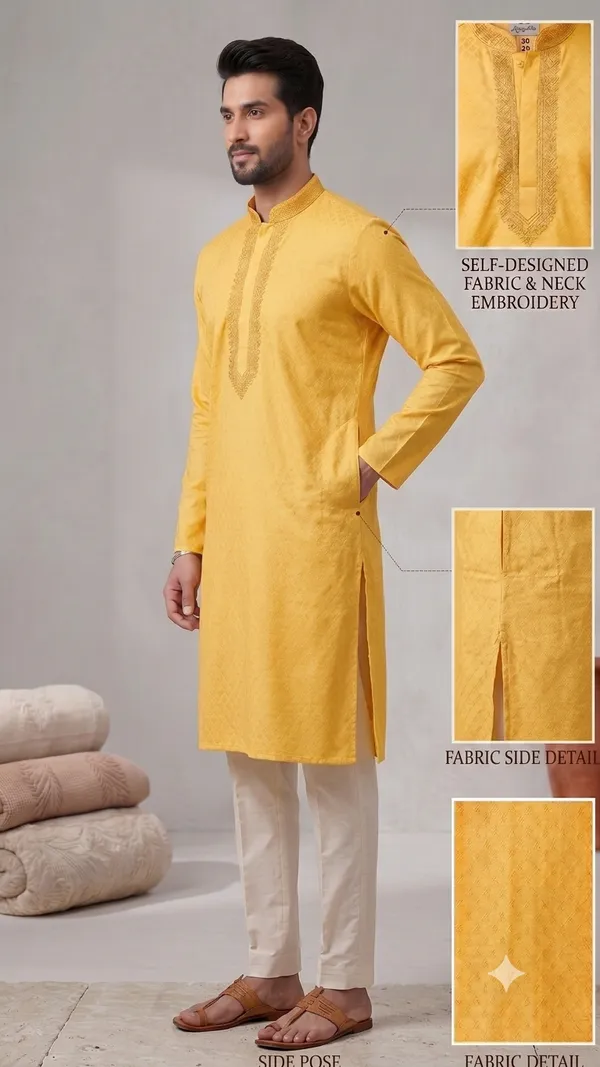 Yellow_Roochid_Cotton_Gents_Kurta_For_Men