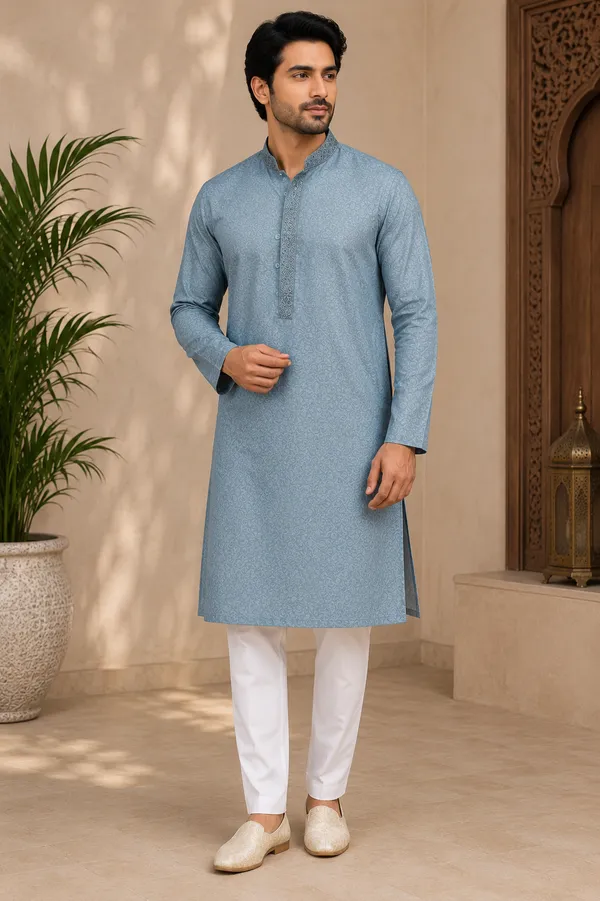 Teal_Roochid_Cotton_Gents_Kurta_For_Men