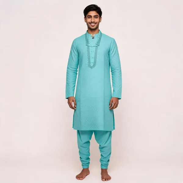 Turquoise_Cotton_Gents_Kurta_Pyjama_For_Men