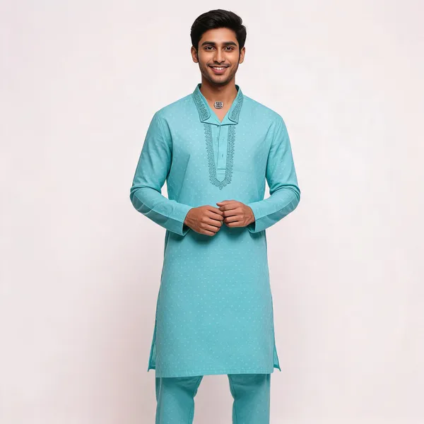 Turquoise_Cotton_Gents_Kurta_Pyjama_For_Men