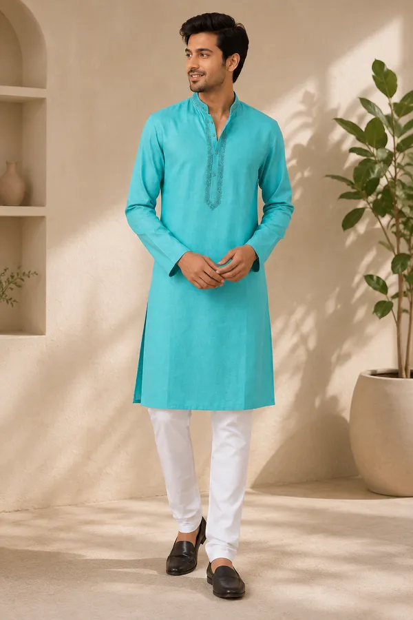 Turquoise_Roochid_Cotton_Gents_Kurta_For_Men
