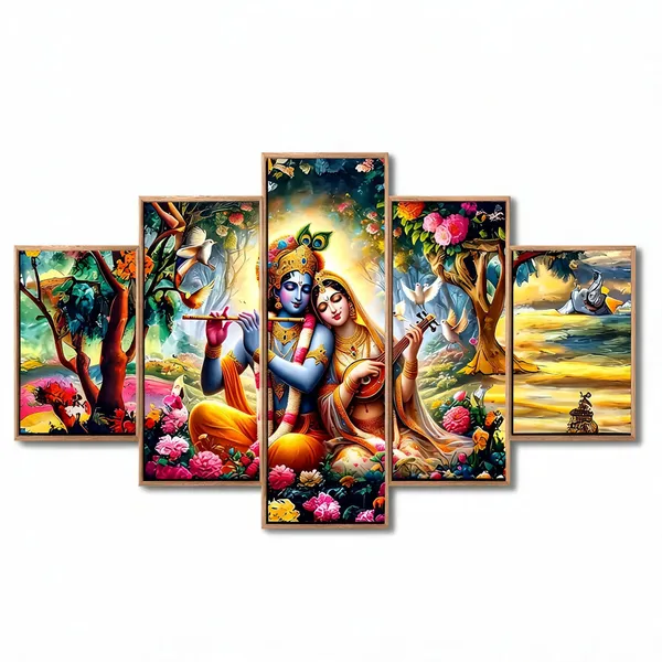 Multicolor_Wooden_Devotional_Radha_Krishna_Nature_Five_Panel_Wall_Art