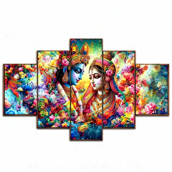 Multicolor_Wooden_Devotional_Radha_Krishna_Floral_Five_Panel_Wall_Art