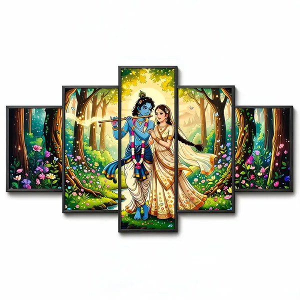Multicolor_Wooden_Devotional_Radha_Krishna_Forest_Five_Panel_Canvas_Wall_Art
