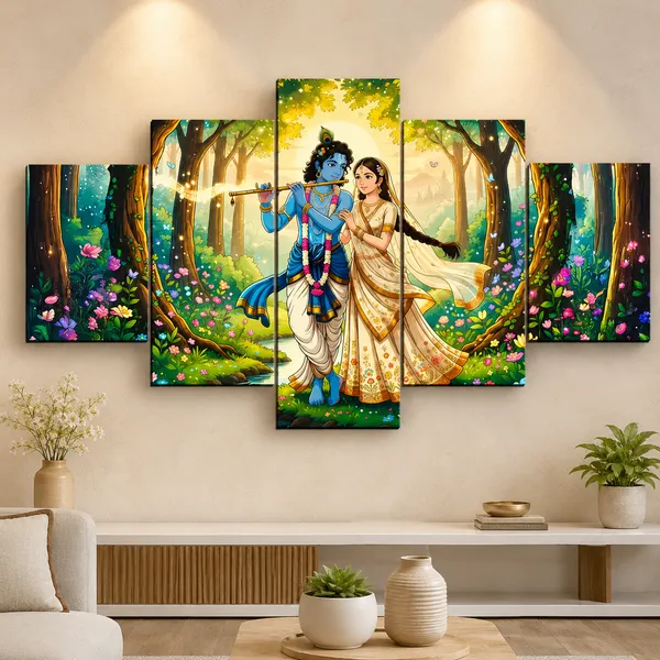 Multicolor_Wooden_Devotional_Radha_Krishna_Forest_Five_Panel_Canvas_Wall_Art