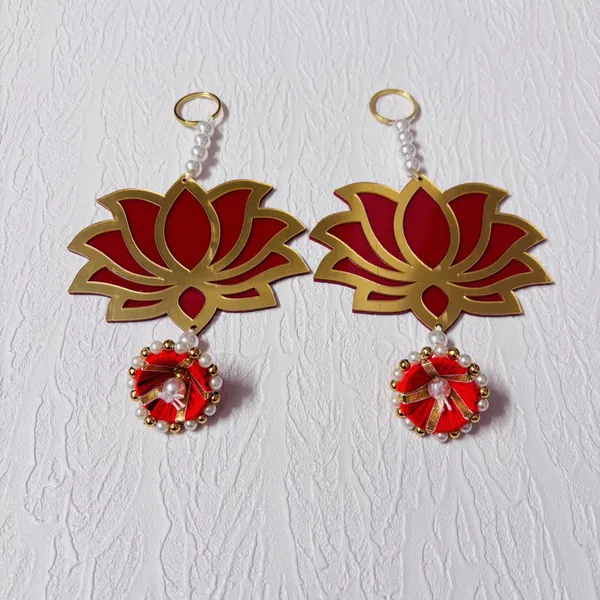Gold_Tone_Lotus_Keychains_With_Red_Beaded_Charms_Set_Of_2