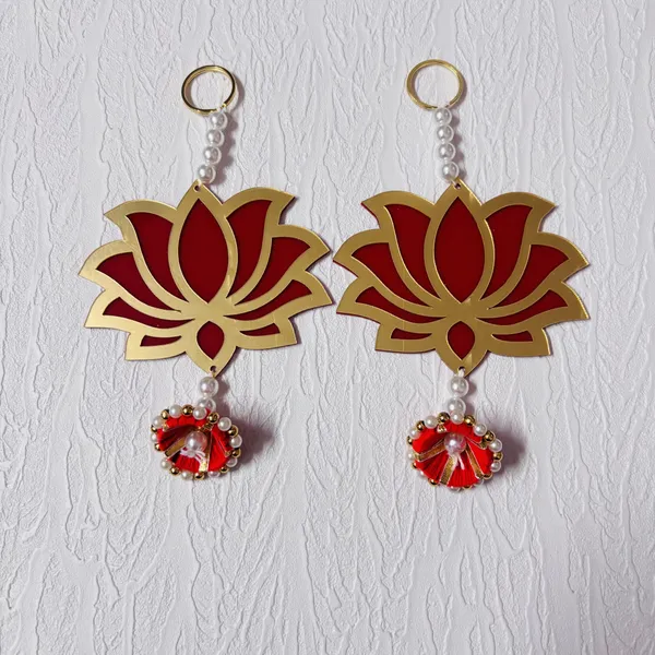 Gold_Tone_Lotus_Keychains_With_Red_Beaded_Charms_Set_Of_2