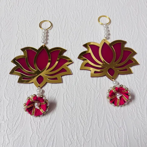 Gold_Tone_Lotus_Keychains_With_Red_Beaded_Charms_Set_Of_2