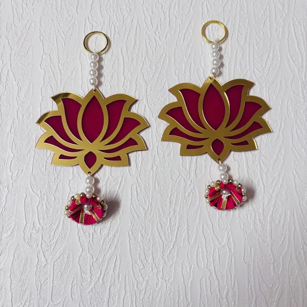 Gold_Tone_Lotus_Keychains_With_Red_Beaded_Charms_Set_Of_2