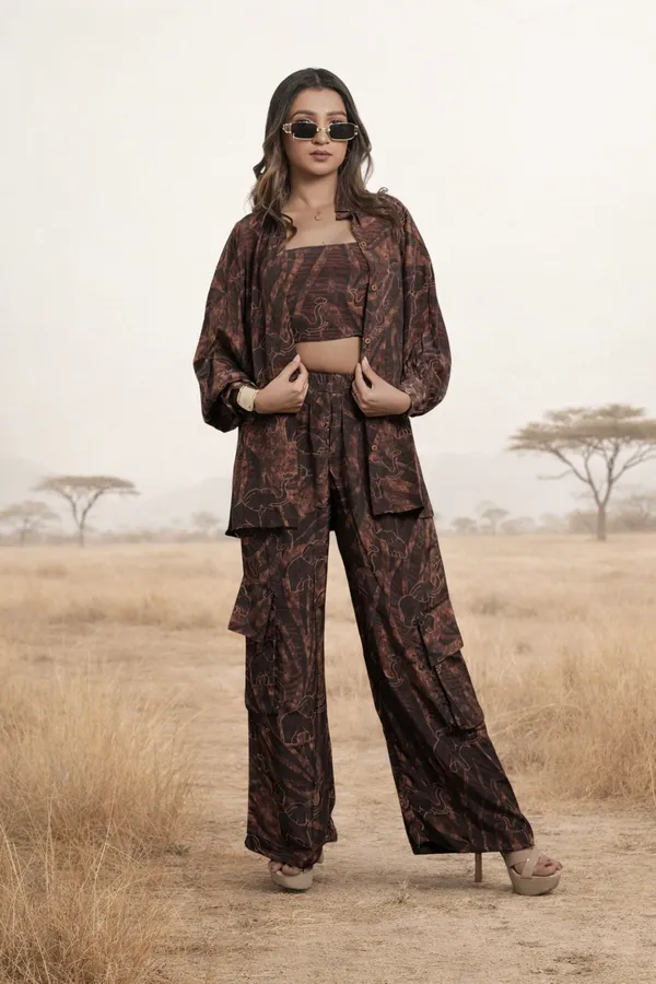 Safari_Dark_Three_Piece_Shirt_Crop_Top_Pant_Co-Ord_Set
