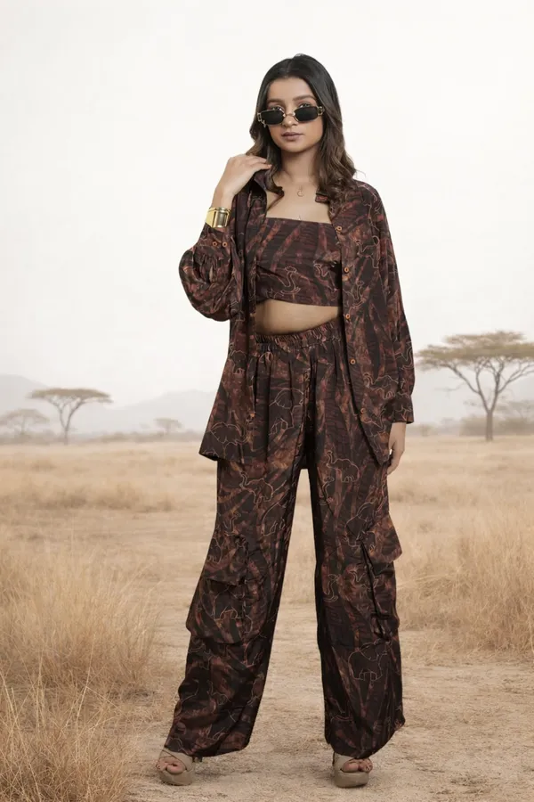 Safari_Dark_Three_Piece_Shirt_Crop_Top_Pant_Co-Ord_Set