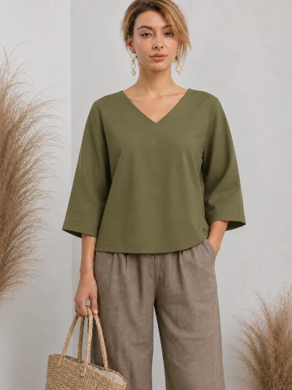 Olive_V-Neck_Relaxed_Fit_Top_For_Women