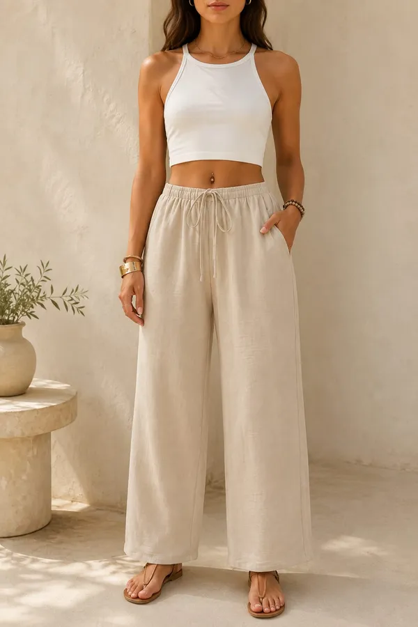 White_And_Beige_Cotton_Flex_Sleeveless_Wide_Leg_Co_Ord_Set_For_Women