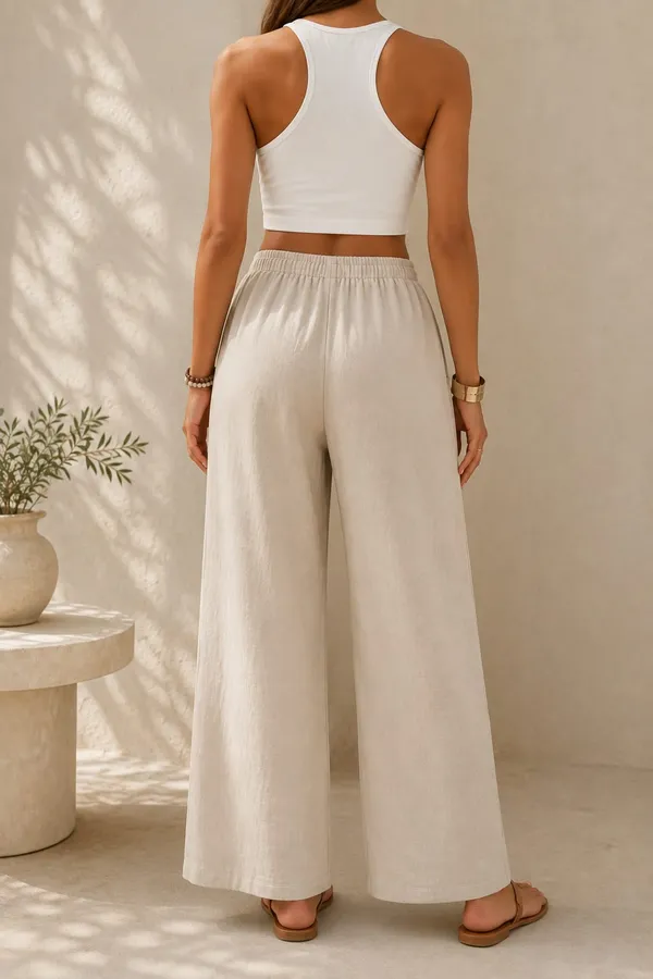 White_And_Beige_Cotton_Flex_Sleeveless_Wide_Leg_Co_Ord_Set_For_Women