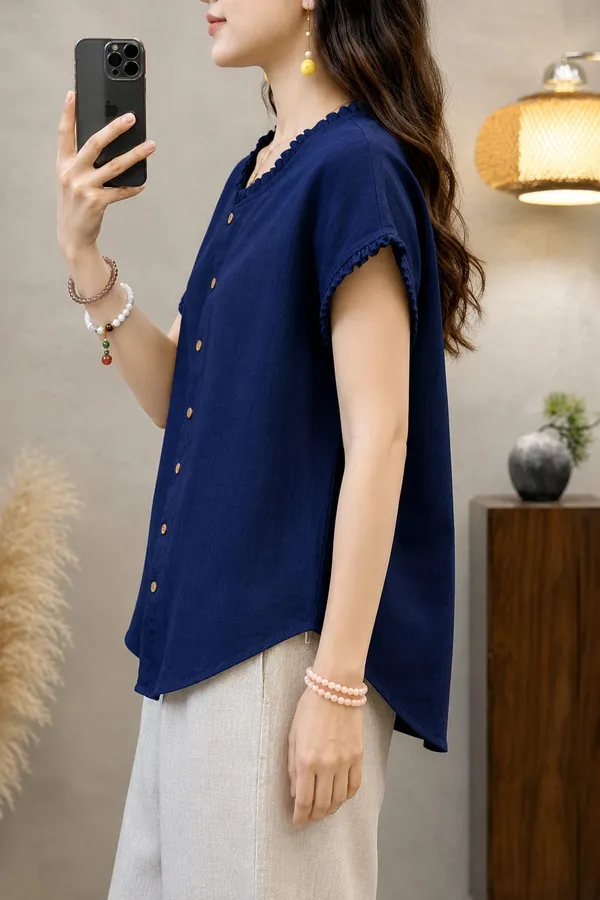 Navy_Cotton_Flex_Relaxed_Fit_Ruffled_Sleeve_Tunic_Top_For_Women