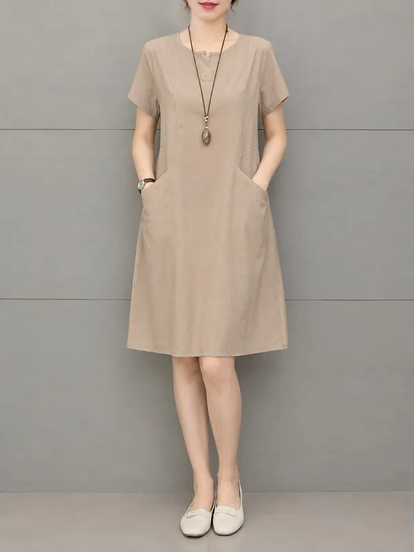 Beige_Cotton_Flex_A-Line_Casual_Dress_For_Women