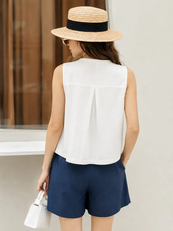 White_And_Navy_Cotton_Flex_Sleeveless_Top_And_Shorts_Set_For_Women