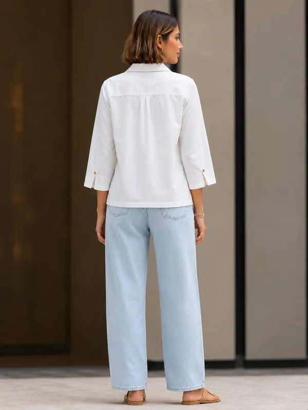 White_Cotton_Flex_Relaxed_Fit_Button_Down_Shirt_For_Women