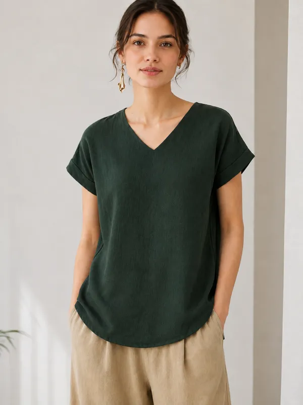 Dark_Green_V_Neck_Relaxed_Fit_Top_For_Women