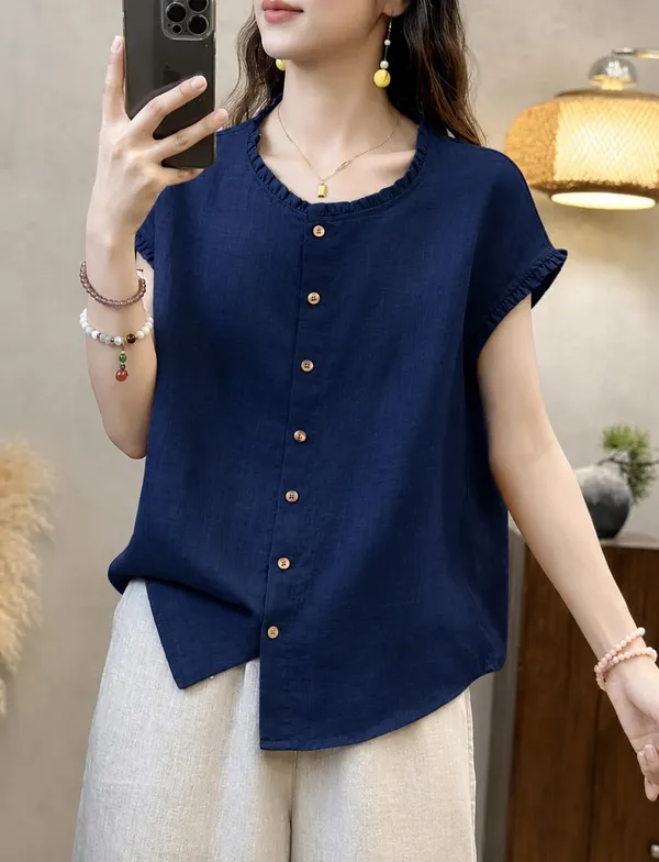 Navy_Cotton_Flex_Relaxed_Fit_Ruffled_Sleeve_Tunic_Top_For_Women