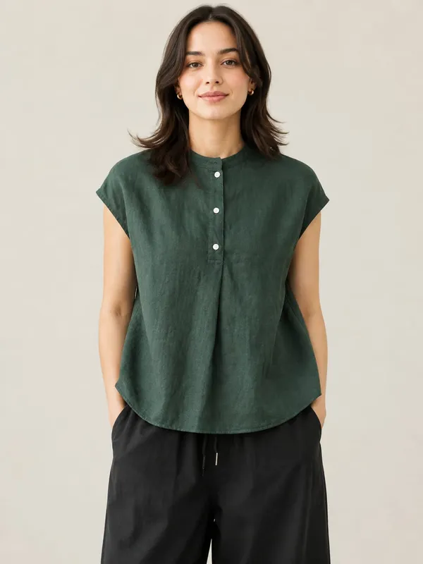 Green_Cotton_Flex_Relaxed_Fit_Button_Front_Tunic_Top_For_Women