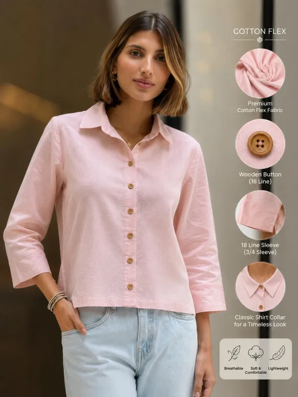 Pink_Cotton_Flex_Relaxed_Fit_Button_Down_Shirt_For_Women