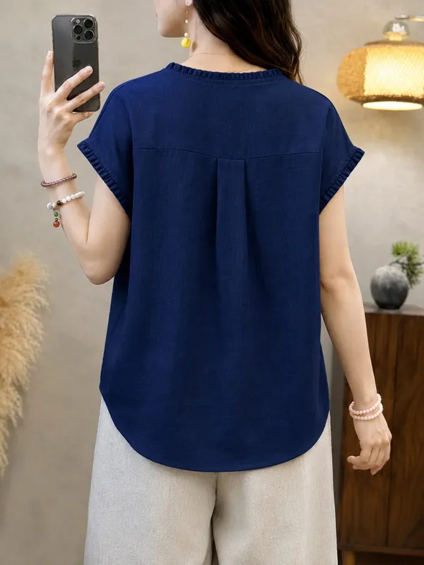 Navy_Cotton_Flex_Relaxed_Fit_Ruffled_Sleeve_Tunic_Top_For_Women