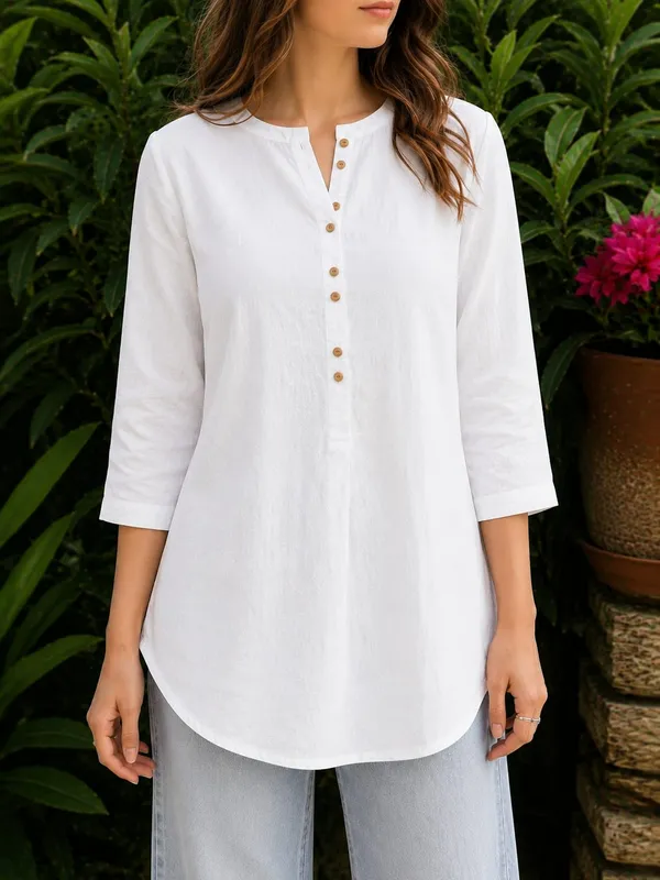 White_Cotton_Flex_Relaxed_Fit_Button_Front_Short_Kurti_For_Women