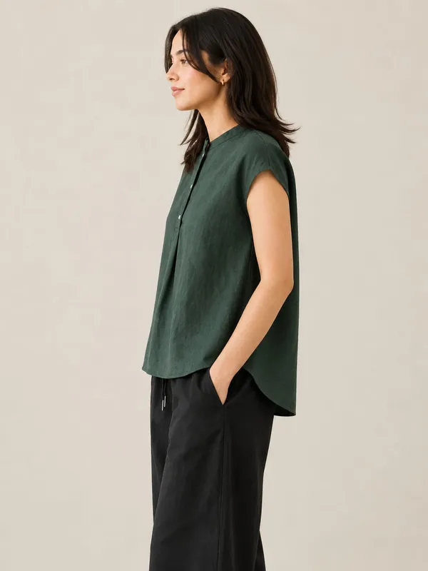 Green_Cotton_Flex_Relaxed_Fit_Button_Front_Tunic_Top_For_Women