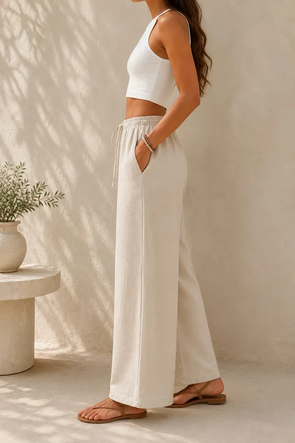 White_And_Beige_Cotton_Flex_Sleeveless_Wide_Leg_Co_Ord_Set_For_Women