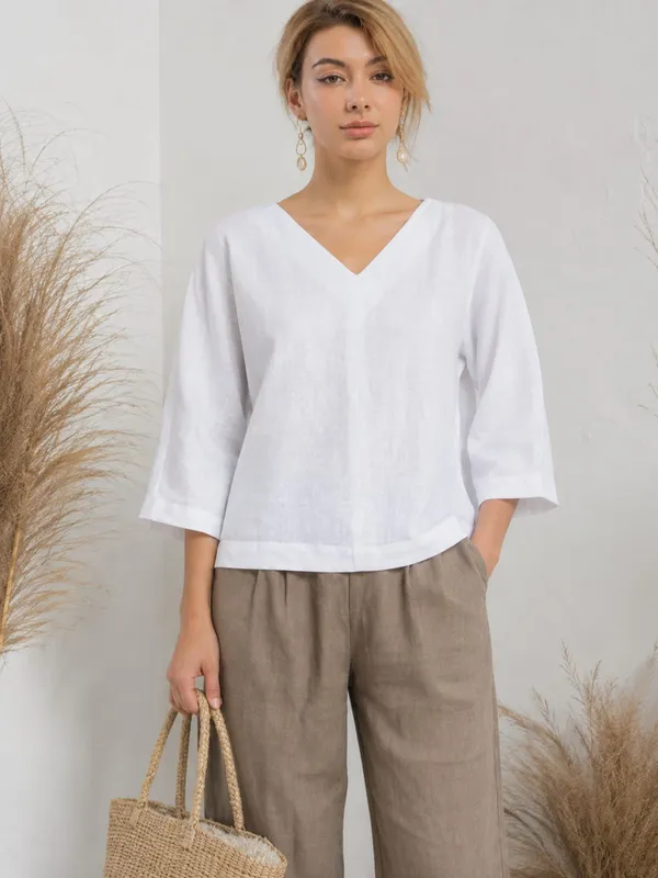 White_Cotton_Flex_Relaxed_Fit_V-Neck_Tunic_Top_For_Women